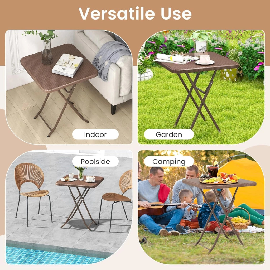 Tavolo da picnic pieghevole per 2 persone con piano in HDPE, tavolo da patio quadrato con texture in rattan con telaio in metallo, senza assemblaggio, per interni ed esterni