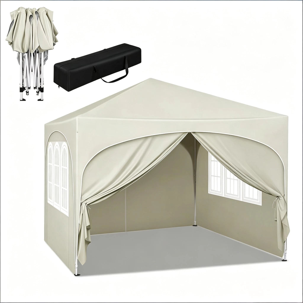 Pavillon da giardino 3x3 m pieghevole con pareti laterali, beige, struttura in metallo e tessuto Oxford 210D