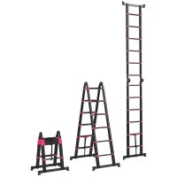 Scala Telescopica Pieghevole a 12 Gradini, in Alluminio e Nylon, 379x67.5x11 cm, Nera e Rossa