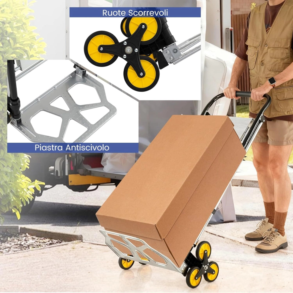 Carrello a Mano 2 in 1 e Scala, Scaletta Pieghevole a 3 Gradini in Alluminio con Ruote in Gomma e Pedali Antiscivolo, Carrello Portatile con Corrimano per Casa e Ufficio, Portata 250 kg