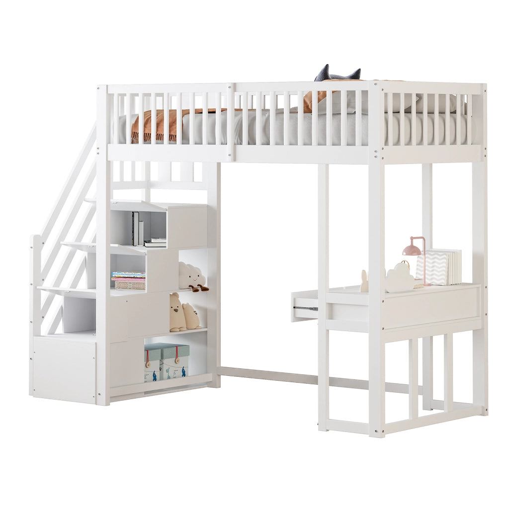 Letto a soppalco 90x200 cm bianco con scrivania e scalini contenitore