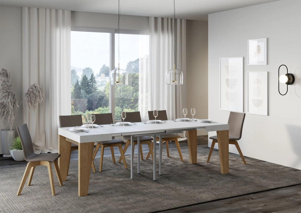 Tavolo Allungabile 90/246x90x77 cm Naxy Mix piano Bianco Frassino gambe Quercia Natura