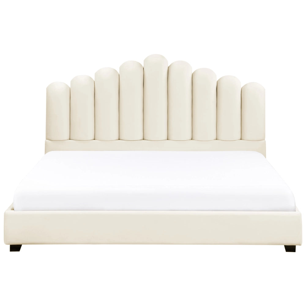 Letto matrimoniale rete a doghe velluto bianco sporco 180 x 200 testiera a conchiglia