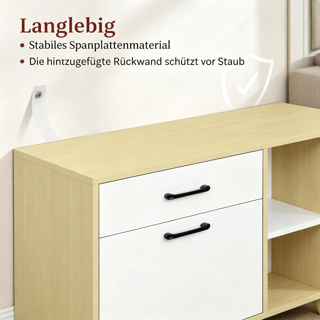 Scarpiera slim con cassetto e 2 ante a ribalta, 3 vani aperti, per ingresso e corridoio, bianco, 80 × 90 × 30 cm