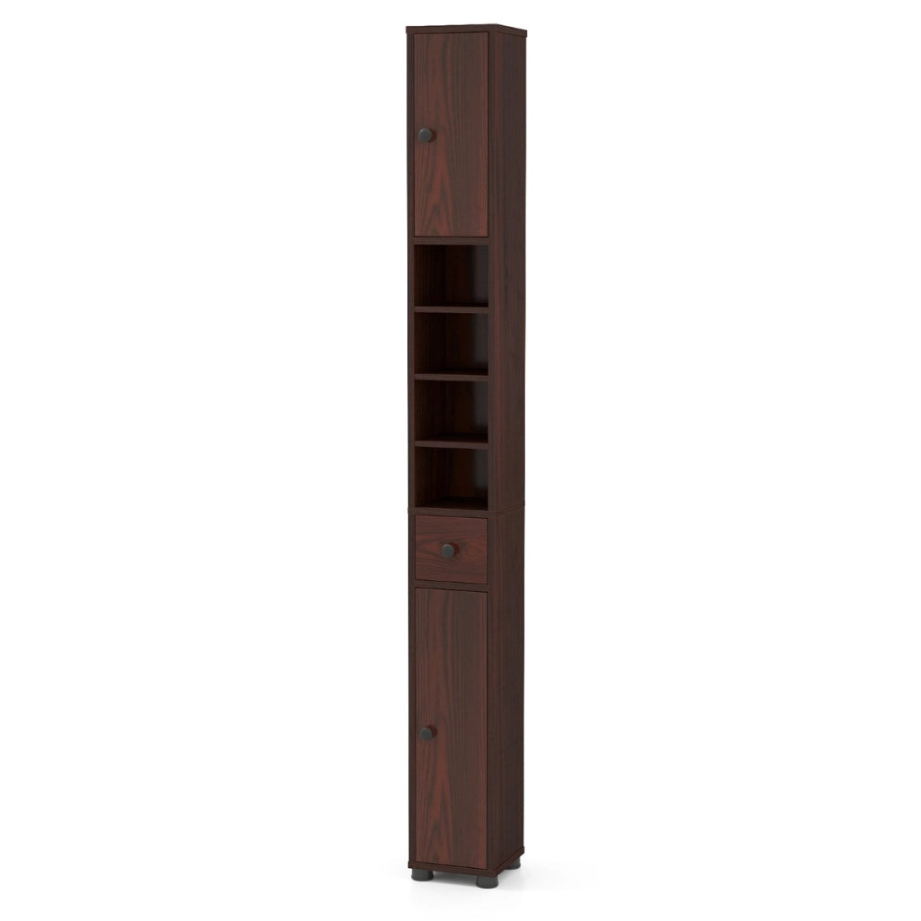Armadio da bagno alto-Mobiletto da bagno slim con 1 cassetto di stoccaggio, Armadio da bagno 5 ripiani regolabili struttura antiscivolo Marrone scuro
