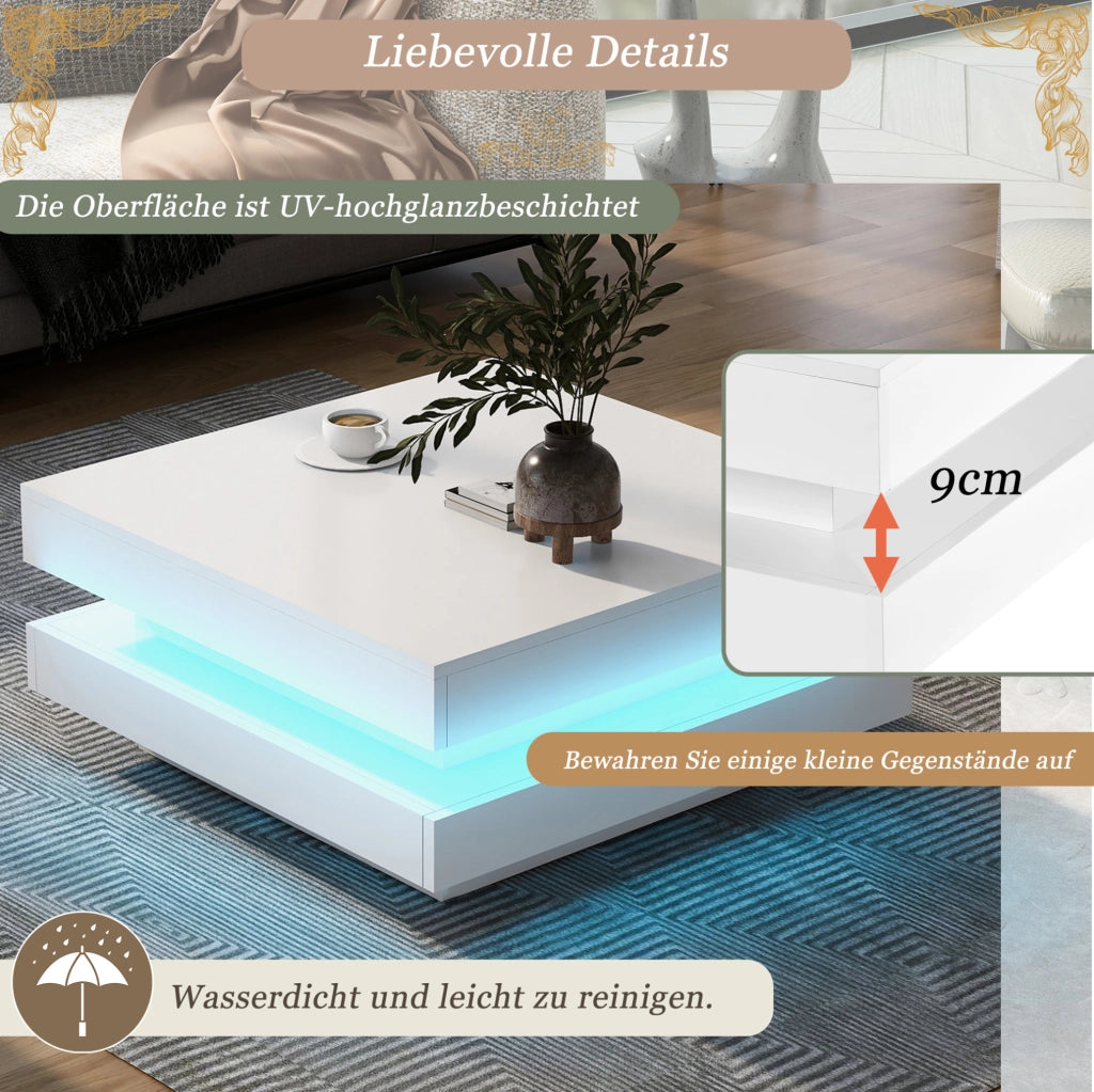 Tavolino da caffè quadrato 70x70x36 cm bianco lucido con LED Bluetooth e USB