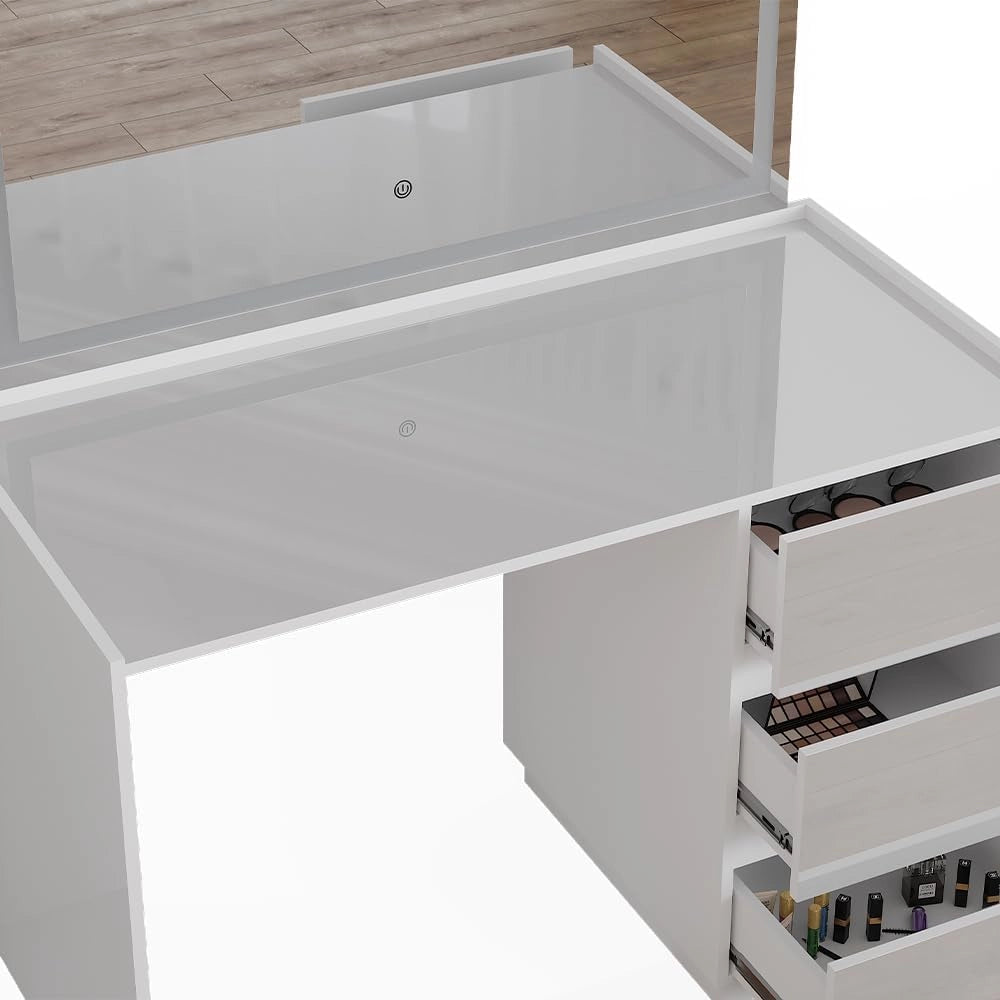 Tavolo da toilette Marla, Bianco lucido, 120 cm con specchio a LED, Ampia superficie del tavolo per trucco, gioielli e accessori per lo styling