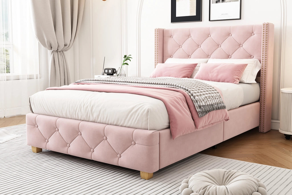 Letto imbottito in velluto rosa 90x200 cm con testiera e rete a doghe