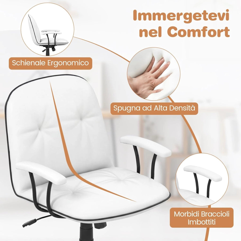 Sedia Ufficio Ergonomica con Altezza Regolabile, Poltrona Scrivania Girevole, Sedia con Braccioli Imbottiti e Ruote, Funzione Dondolo, per Ufficio Scrivania Studio (Bianco)