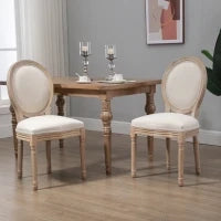 Set 2 Sedie Imbottite da Pranzo, Sedie per Soggiorno Stile Vintage Rétro in Legno e Tessuto Effetto Lino Bianco Panna 49x56x96cm