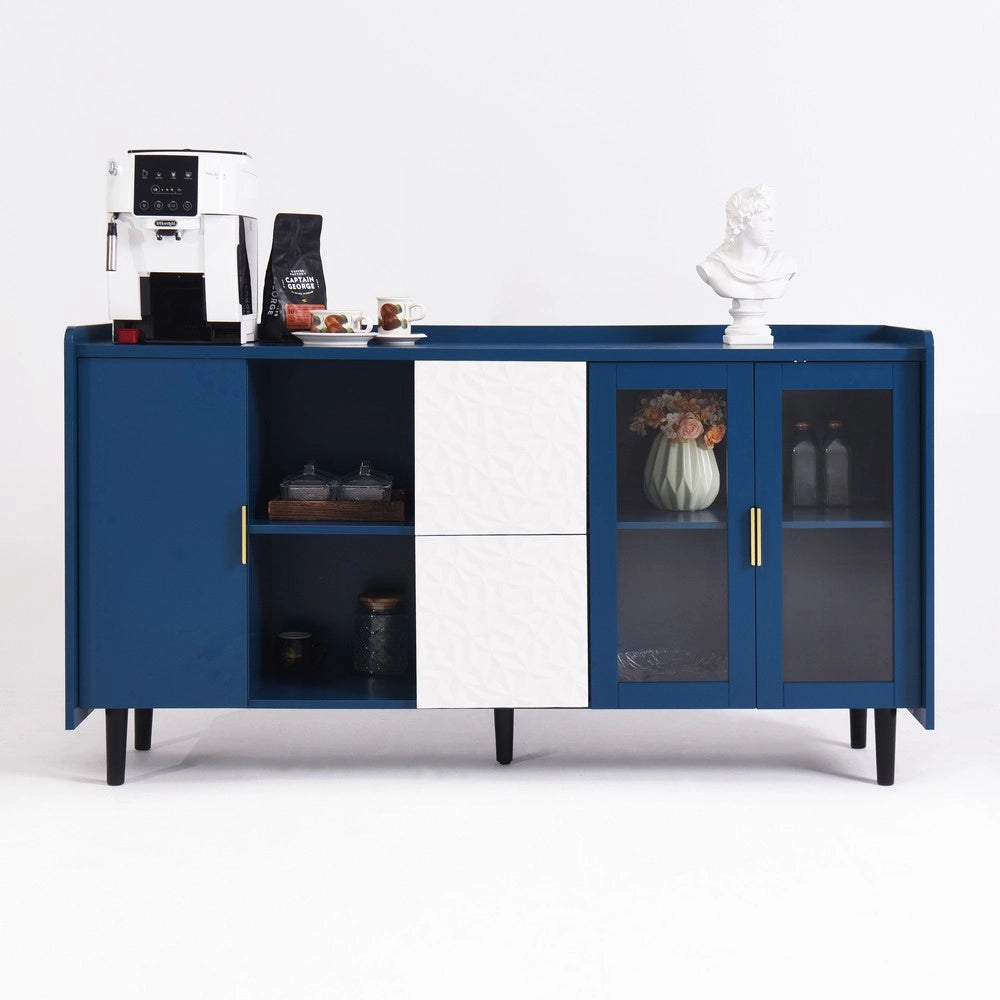 Credenza da Cucina con 2 Cassetti e 2 Ante in Vetro ¨C MINIMAL ¨C Legno Blu 55 Pollici