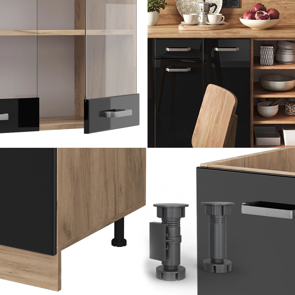 Cucina componibile R-Line Nero lucido/Rovere dorato 240 cm, PL Marmo Vicco