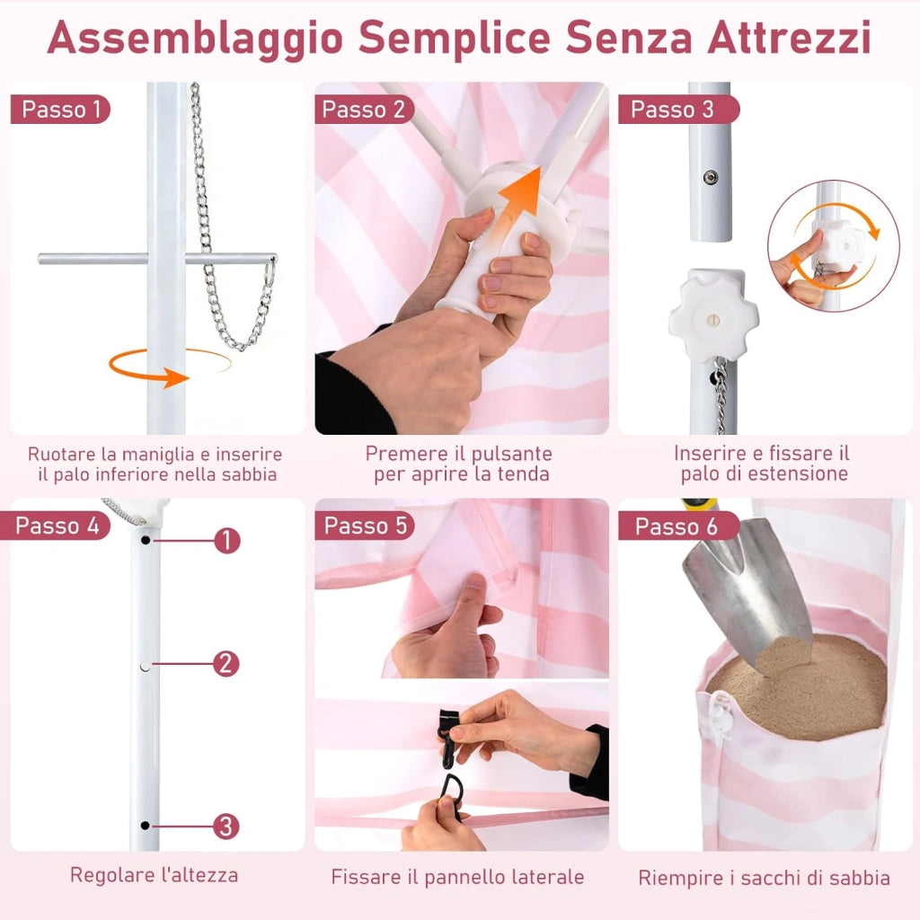 Tenda da Spiaggia Pieghevole, Tenda da Mare con Parete Laterale Rimovibile e Borsa Portatile, Regolabile in Altezza, per Spiaggia, Campeggio e Picnic (Rosa+Bianco, 185 x 185 cm)