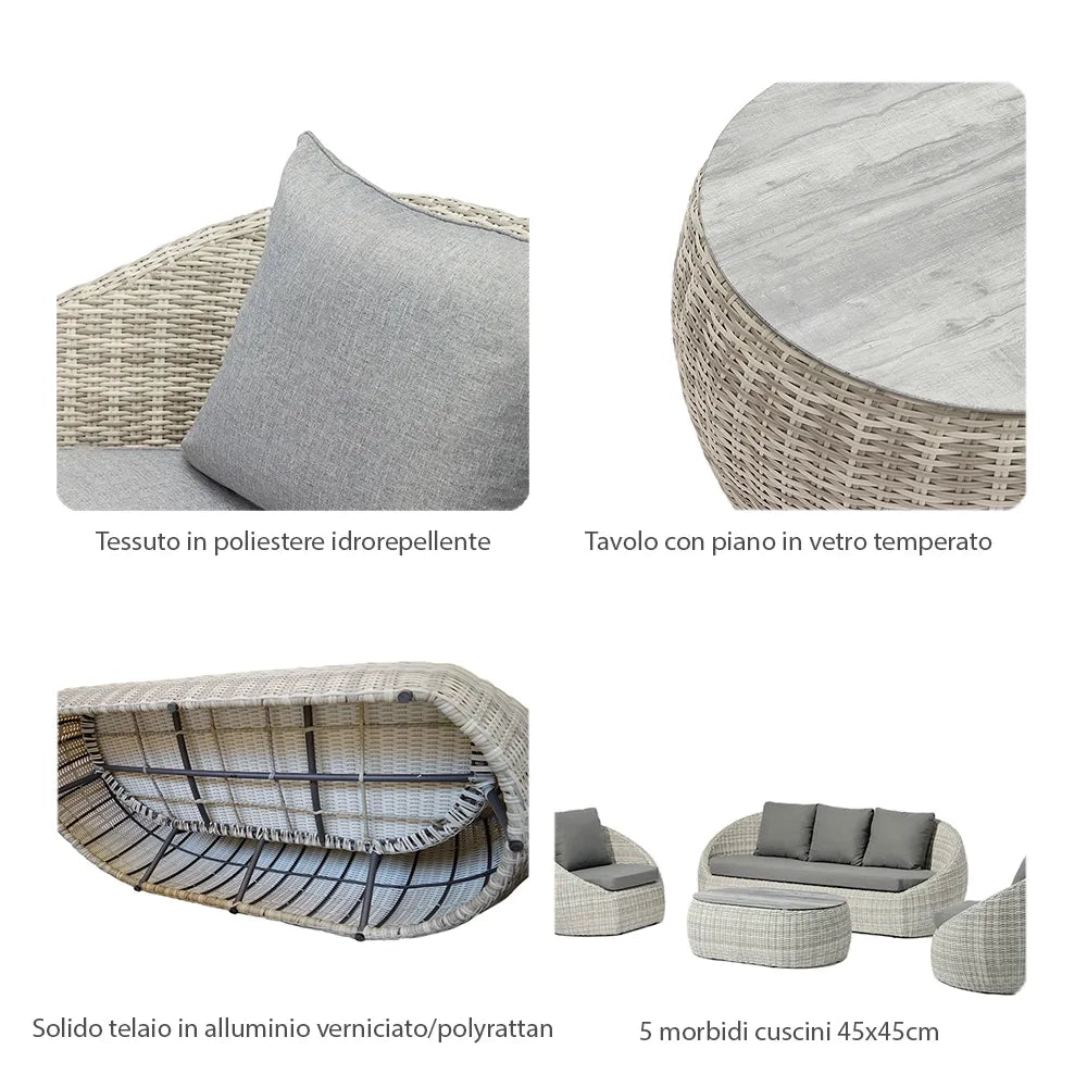 Tempo Style - Salottino Lounge in polyrattan SANTORINI PLUS grigio-mélange | Lounge da giardino con divano, tavolo, 2 poltrone e cuscini | Set di mobili da giardino da 5 persone