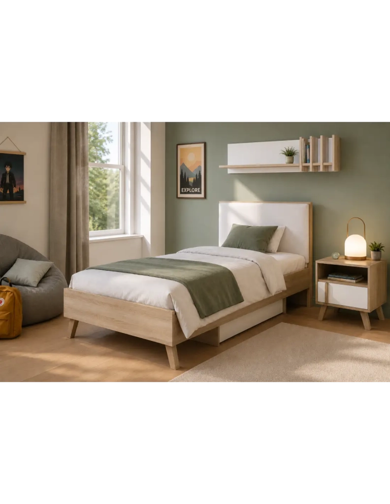 Letto bambino 90x200 con cassetto portaoggetti MALMO - Colori rovere chiaro e bianco