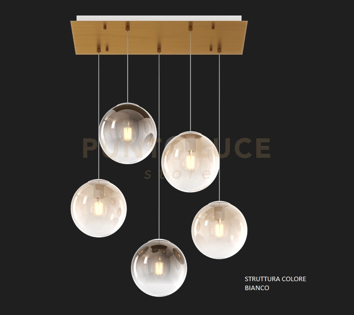 SOSP. BIANCO 5 LUCI RETTANGOLARE VETRI PICCOLI (3 AMBRA+2 BRONZO) 1194BI-S5 RP-AB