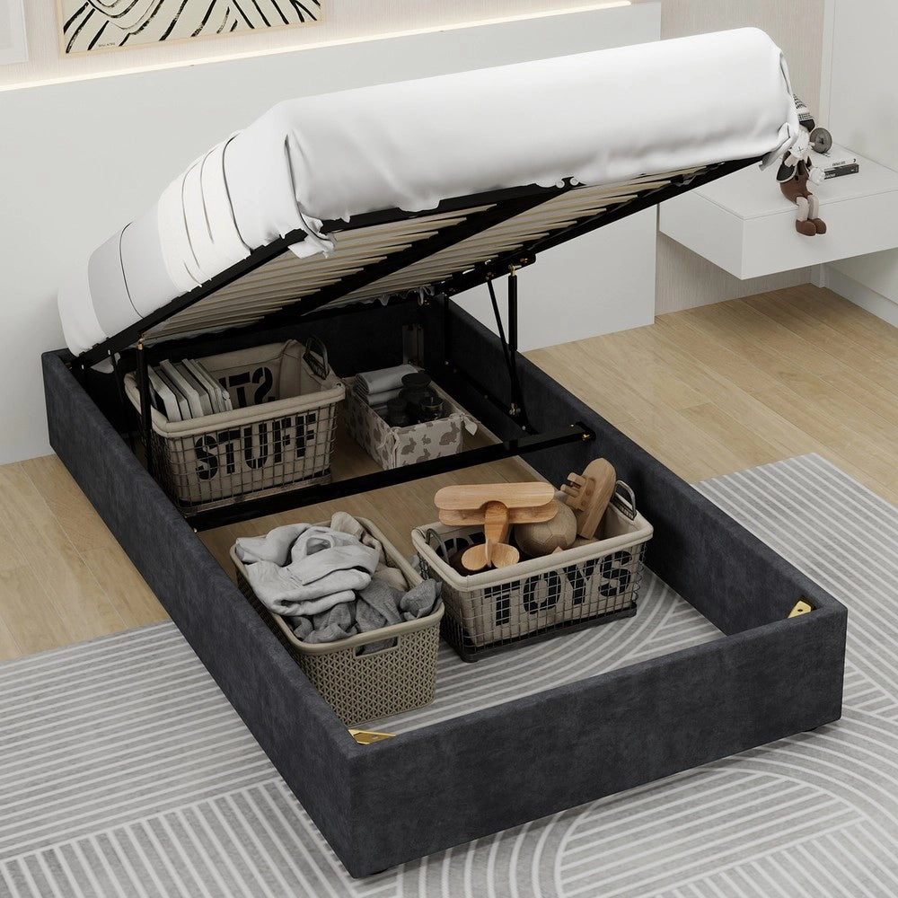 Letto Contenitore Imbottito ¨C MINIMAL ¨C Grigio, Velluto, 90x200, Senza Testiera