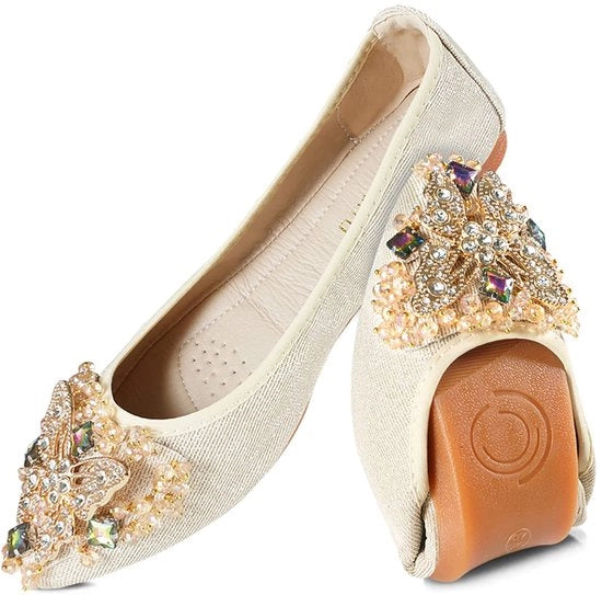 Pantofole da Ballo - Ripiegabile - Cuscino Pieghevole - Decorazione con Stucco - Tessuto Microfibra Aria - Cinturino in Gomma Flessibile - Scarpe per Donna