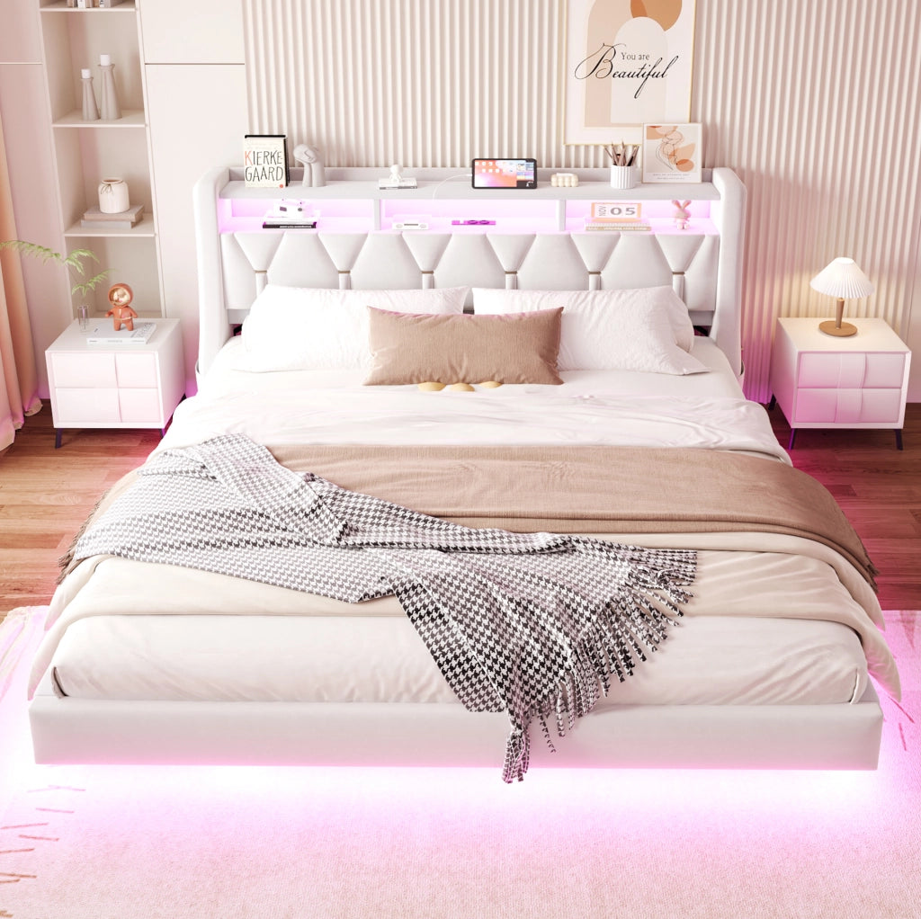 Letto imbottito 180x200 cm in velluto beige con LED; USB; Type-C e testiera ribaltabile
