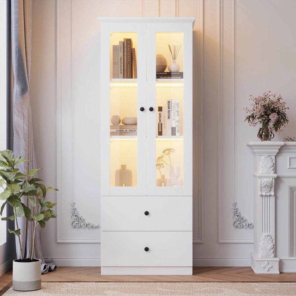 Vetrina LED con Ante ¨C MINIMAL ¨C Bianca, MDF, Ripiani Regolabili, 2 Cassetti, USB