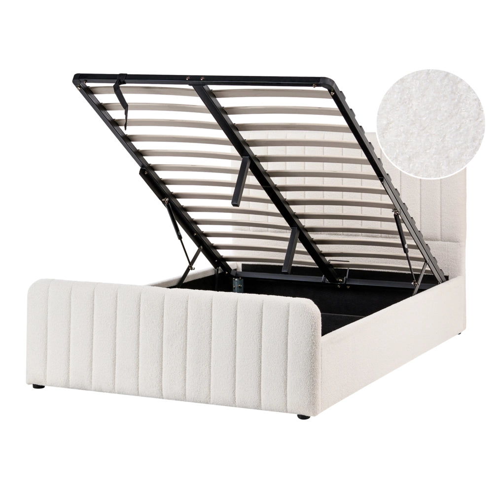 Letto matrimoniale con contenitore imbottito Boucle tessuto bianco 120 x 200 cm con testiera e pediera contenitore sollevabile
