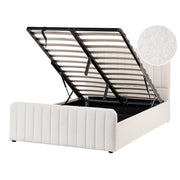 Letto matrimoniale con contenitore imbottito Boucle tessuto bianco 120 x 200 cm con testiera e pediera contenitore sollevabile