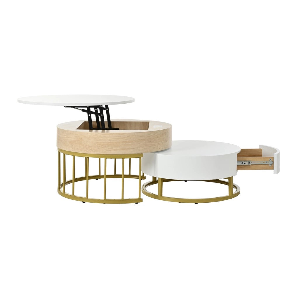 Tavolino da Caff¨¨ Rotondo Set 2 Pezzi ¨C MINIMAL ¨C Bianco Effetto Legno, MDF, Cassetto, Gambe Metallo Oro