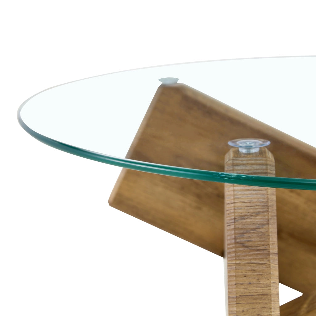 Tavolino da caffè rotondo con base a croce - per soggiorno - in MDF e vetro - 79×45 cm - trasparente e legno