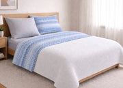 Completo Lenzuola Letto In 100% Cotone Rigato Zig Zag Disegno Baia - Singolo - Azzurro