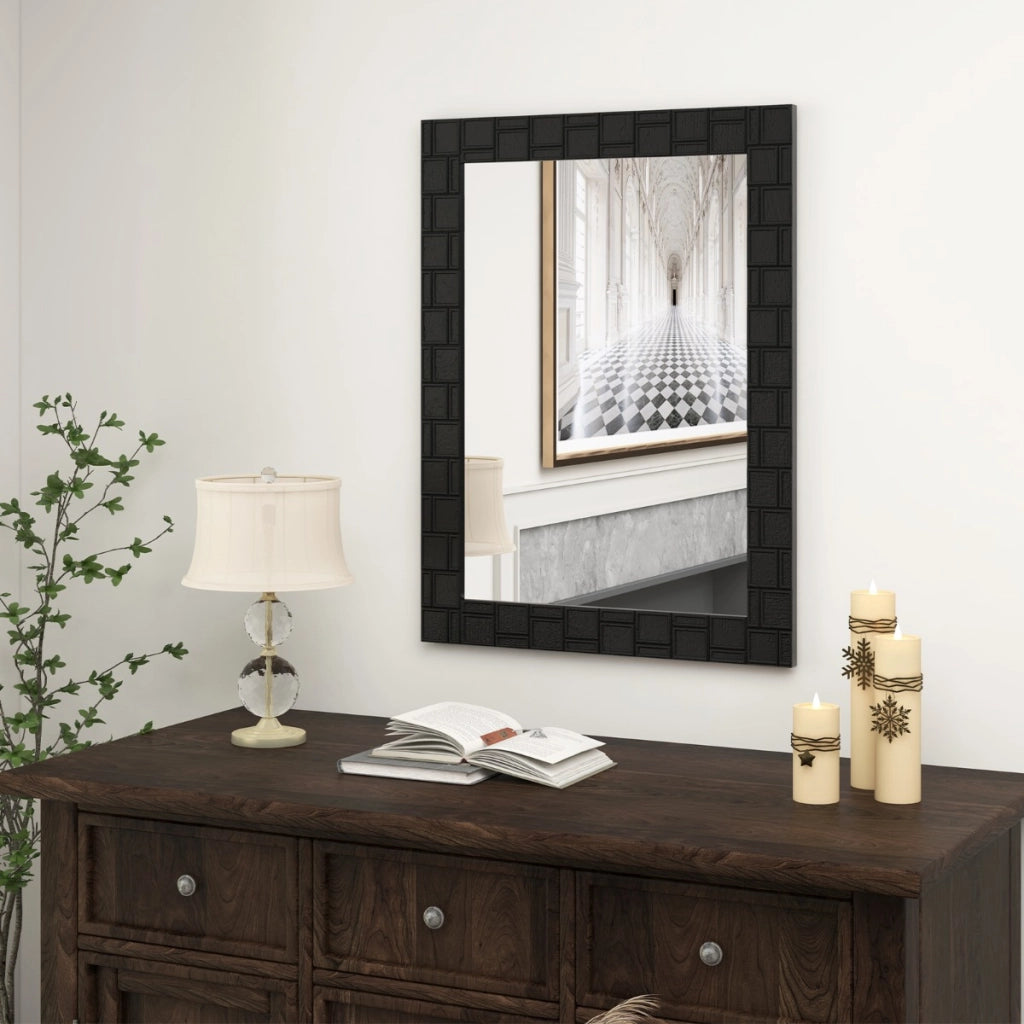 Specchio da parete con cornice in legno di gomma 80x60cm, Specchio moderno rettangolare per bagno Nero