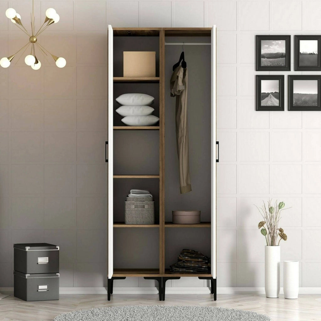 Guardaroba 2 ante Bagnone, Mobile camera da letto, Cabina armadio portabiti, Armadio appendiabiti, 80x201h48 cm, Noce e Bianco