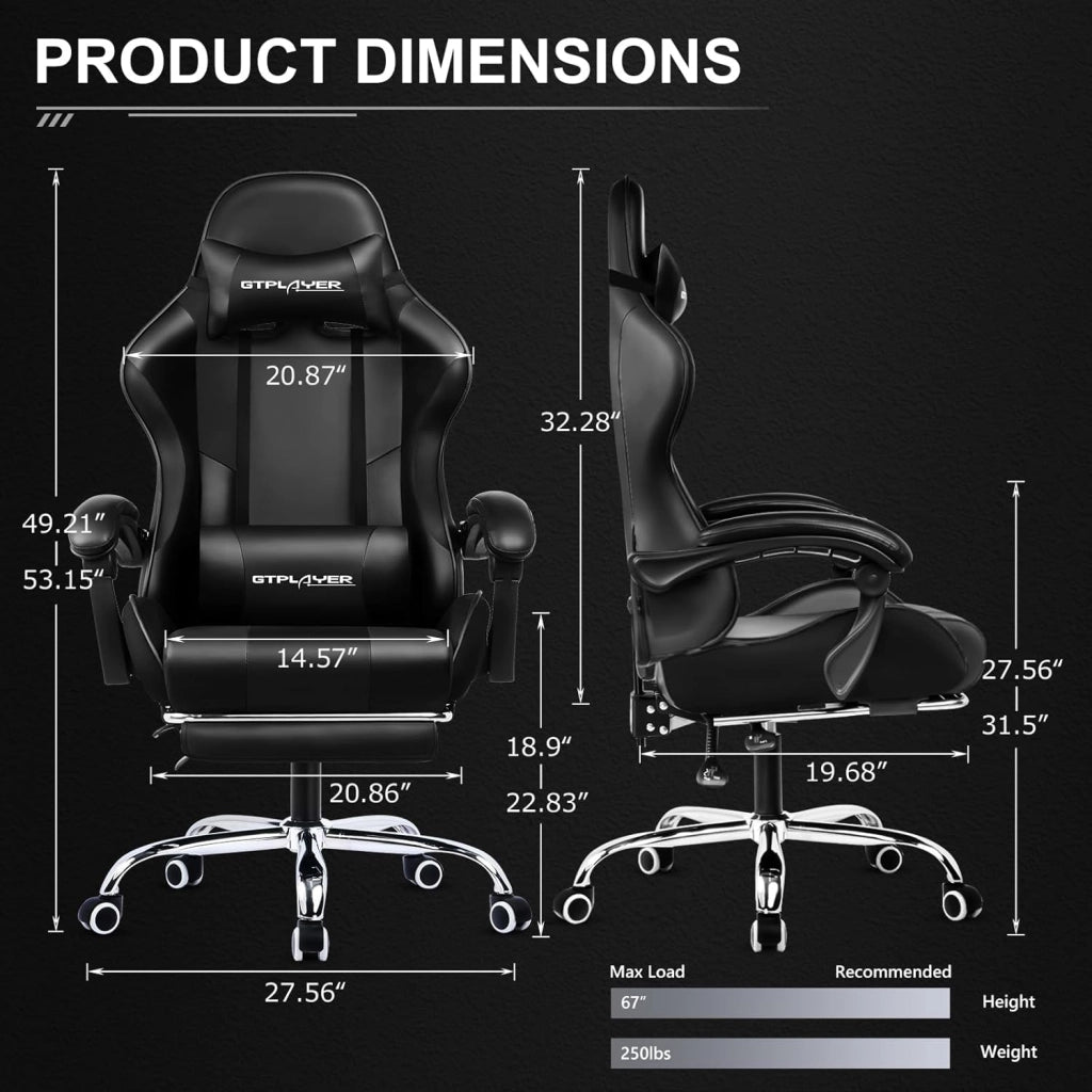 Sedia da Gaming, Ergonomico Sedia da Ufficio, con Massaggiante poggiapiedi e supporto lombare, Schienale Regolabile 90-135°, Portata 150 kg, sedia per computer, Nero