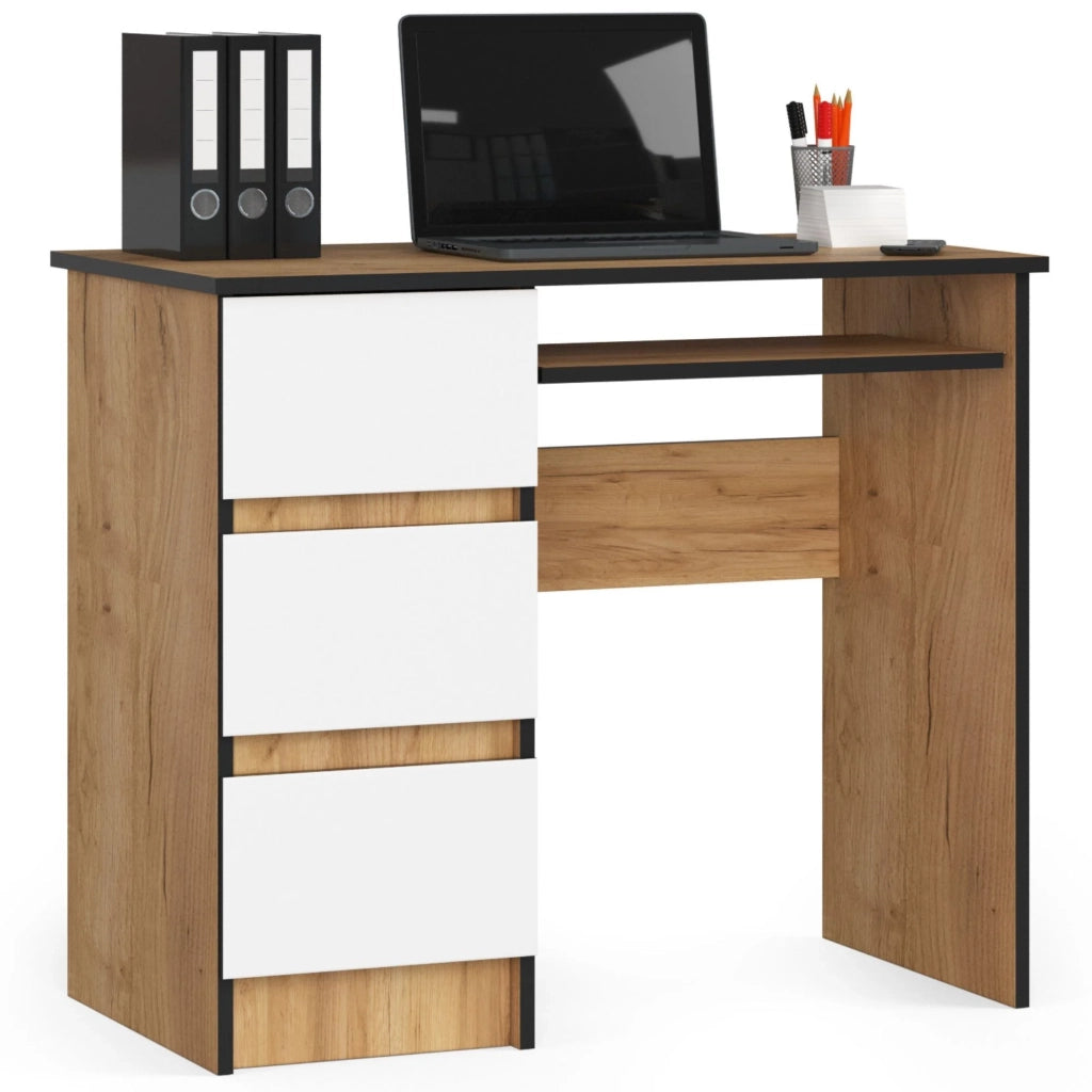 Scrivania per computer AKORD A6 Quercia Craft 90 cm 3 cassetti inserto frontale Bianco 90x50x77 cm Modello a sinistra