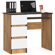Scrivania per computer AKORD A6 Quercia Craft 90 cm 3 cassetti inserto frontale Bianco 90x50x77 cm Modello a sinistra