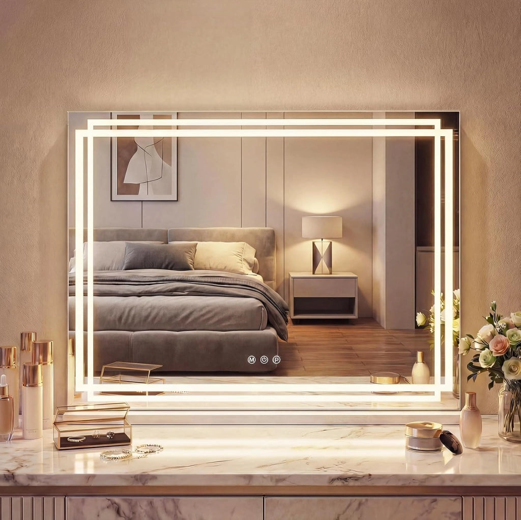Specchio da Trucco Hollywood con Luci, 58x43cm, Specchio Illuminato da Tavolo con 3 Colori e Luminosità Regolabile, Controllo Tattile per Camera da Letto e Camerino