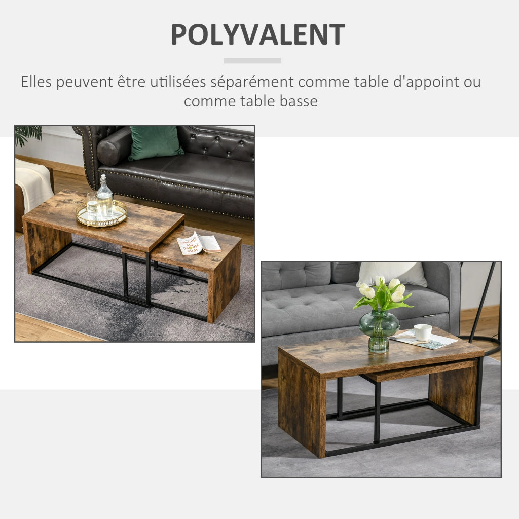 Tavolino da caff¨¨ gigogne design industriale ¨C zephmum ¨C 90x48x42 cm metallo nero effetto legno