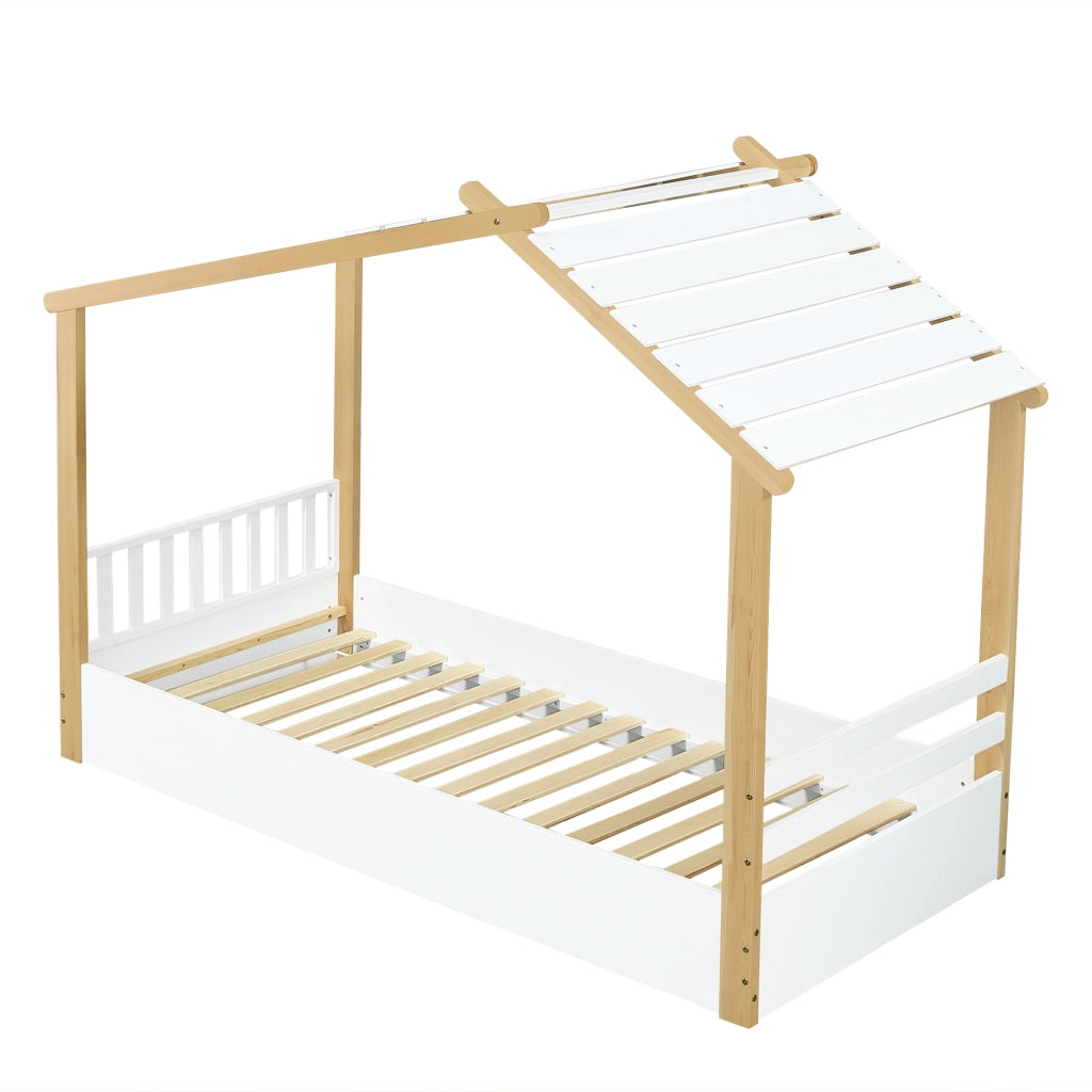 Letto Casetta 90x200 cm con Rete a Doghe - in Legno Massello e MDF - Bianco e Naturale