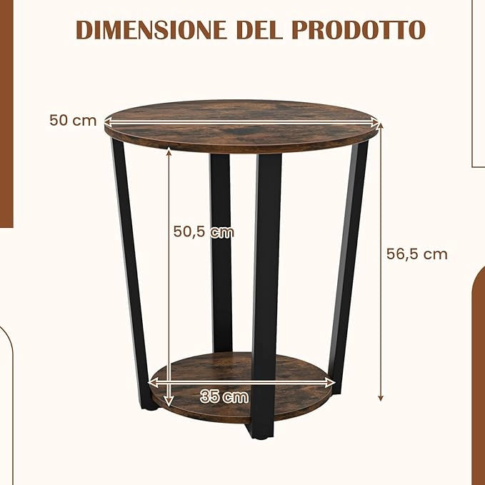 Tavolino Rotondo, Tavolino Laterale a 2 Ripiani con Mensola Aperta, Tavolino da Divano con Struttura in Metallo per Soggiorno, Camera da Letto e Piccoli Spazi (Marrone)