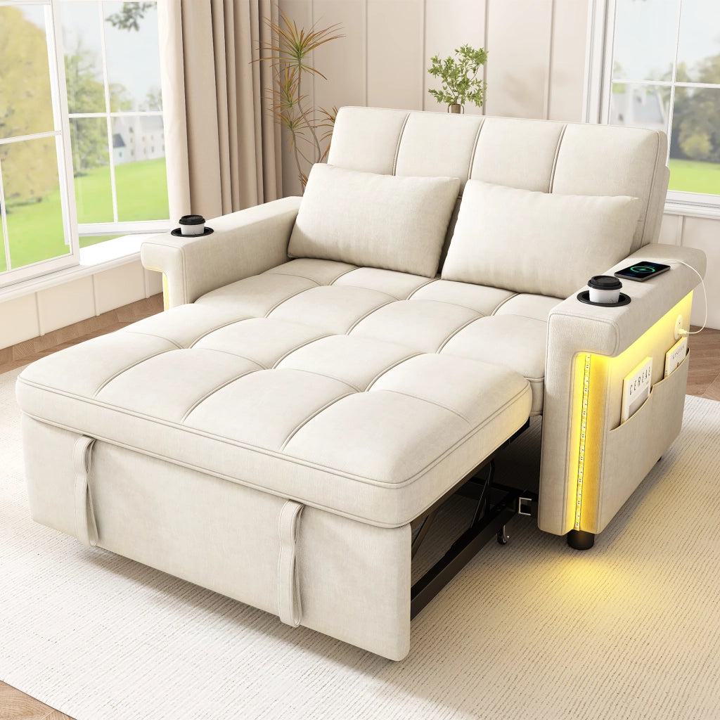 Divano letto 2 posti - con schienale regolabile; LED; USB e portabicchieri - in chenille beige
