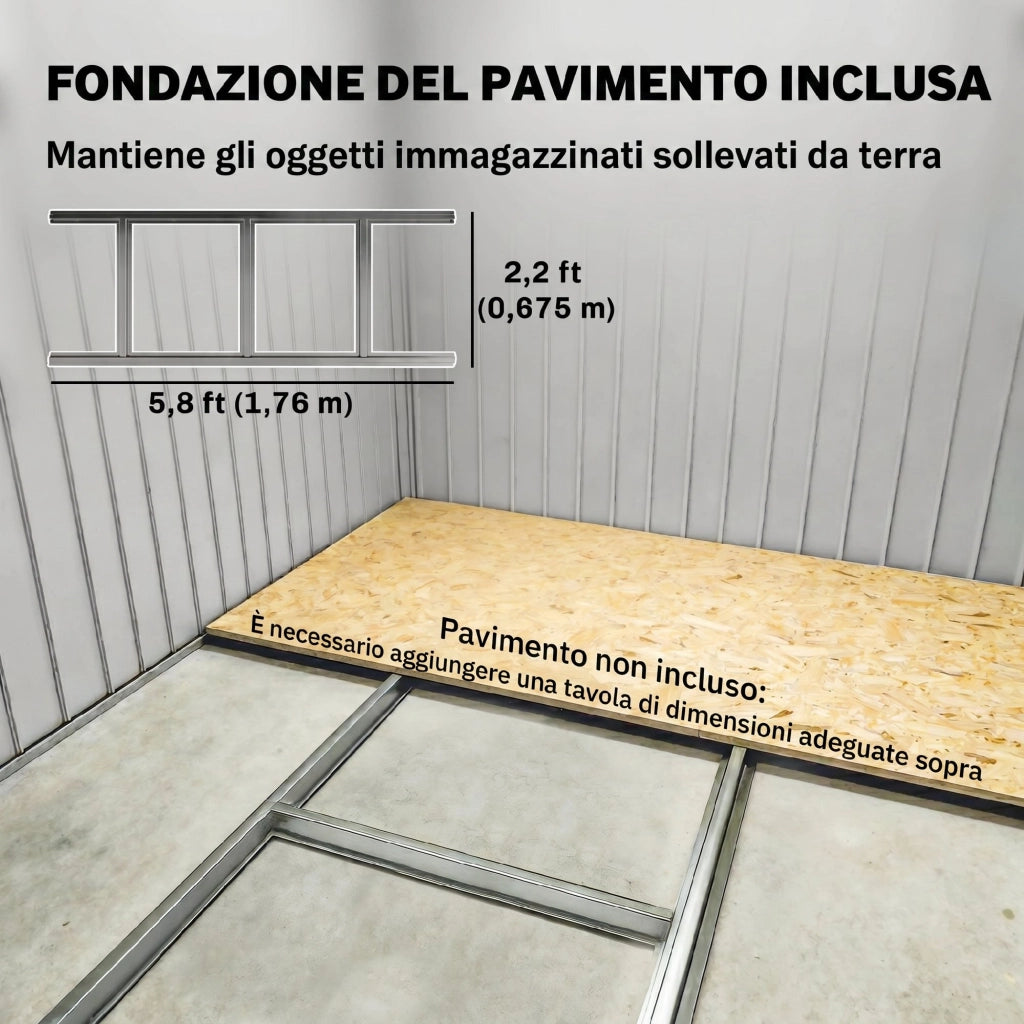 Casetta da Giardino Porta Attrezzi con 4 Finestre e 2 Ganci, in Acciaio Zincato, 195x122x181.5 cm, Grigio