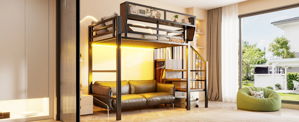 DESMIU Letto a soppalco 90 × 200 cm 1 posto con LED, scala di sicurezza e ripiano, senza materasso, nero