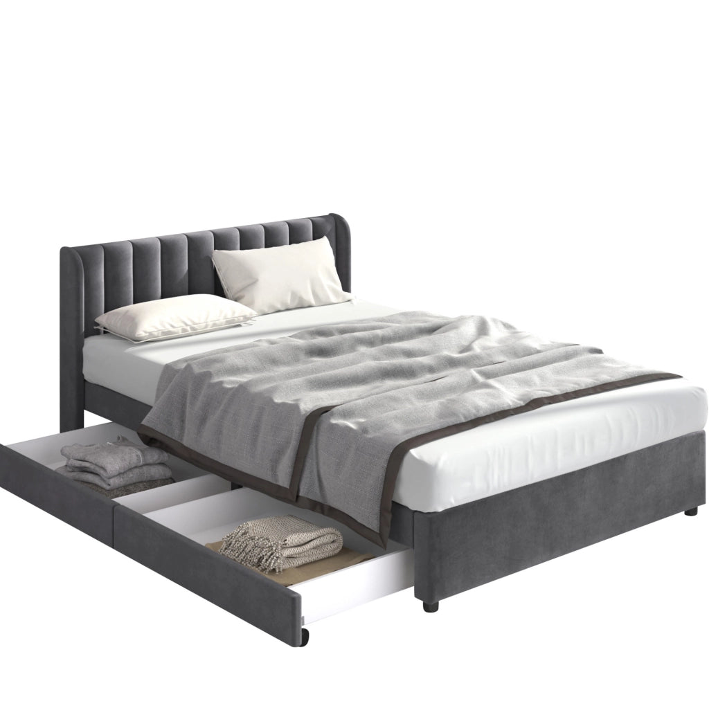 Letto in velluto 140x200 cm con rete a doghe; 2 cassetti; grigio