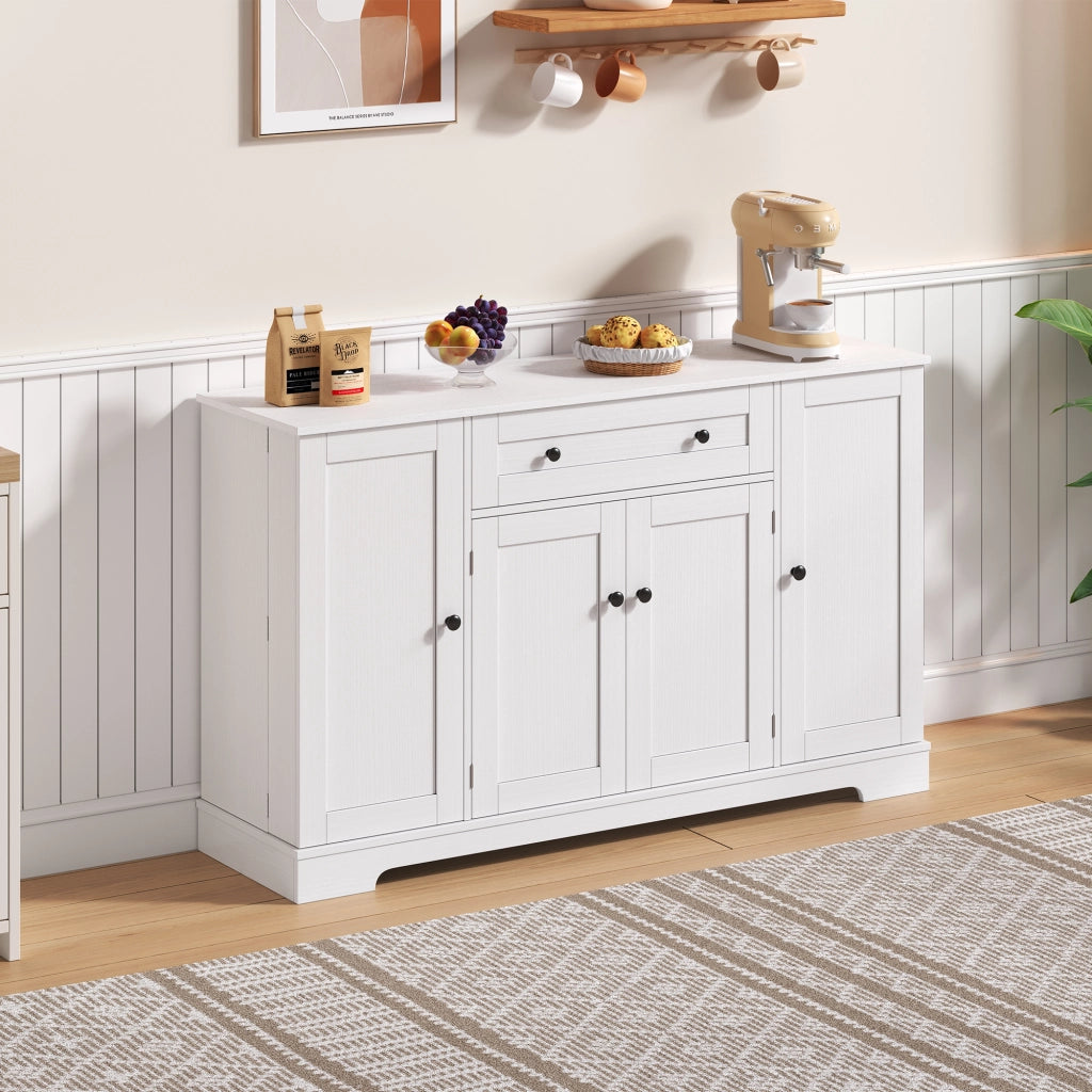 Credenza 138x40x85 cm Bianca con Cassetto; 3 Armadietti; Ripiani Regolabili e Portaoggetti sulle Ante