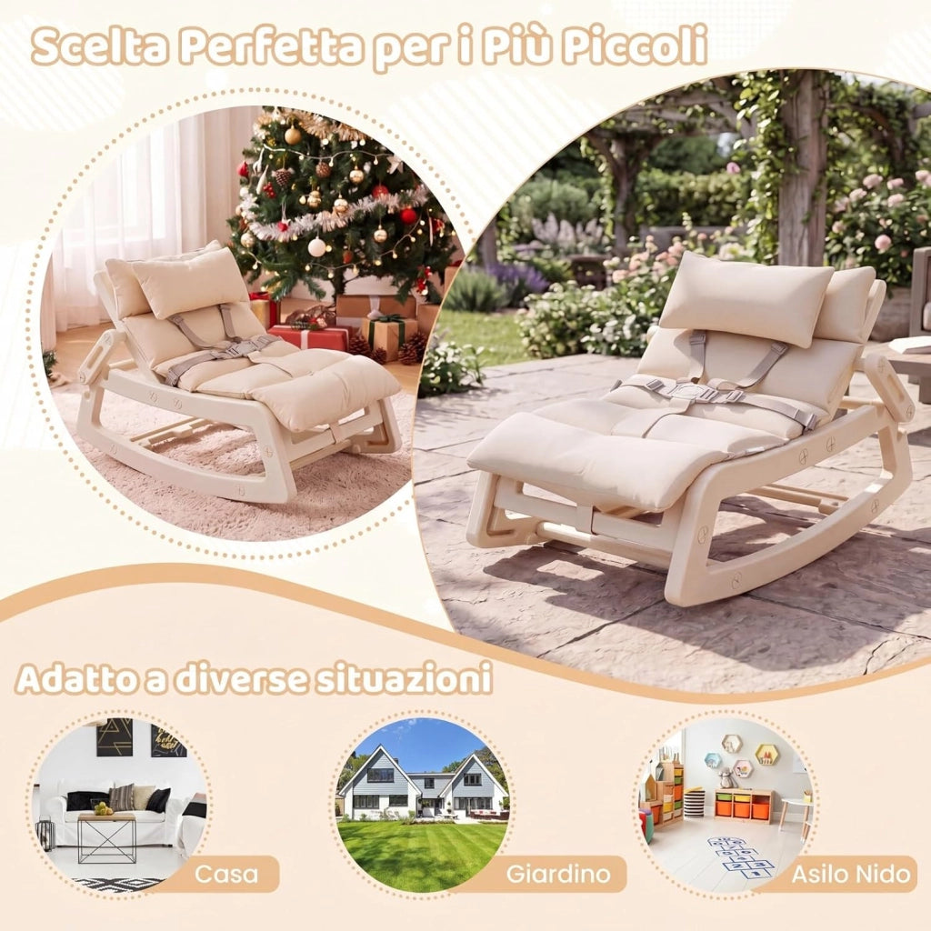 Sedia a Dondolo Bambini, Schienale Regolabile, con Cucino (Beige) | Sdraietta a Dondolo, Poggiatesta Rimovibile e Cintura 5 Punti, Portata 80 kg, per Bambini 6+ Mesi