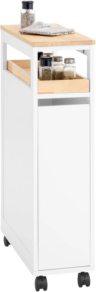 Carrello Cucina Salvaspazio Stretto – Mobiletto da Nicchia 20 cm con Ruote, Carrellino Cucina Multifunzione e Mobiletto Salvaspazio Cucina per Cucina e Bagno Bianco & Naturale 20x51x79cmNSR11-WN