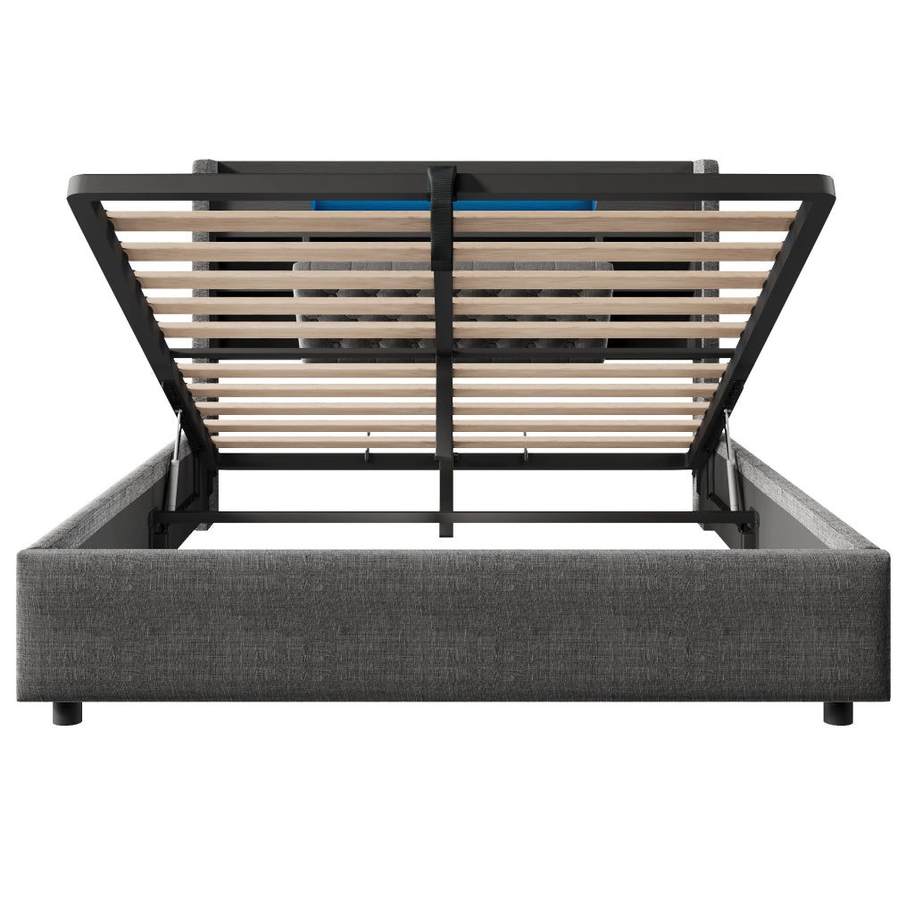 Letto imbottito ULEVR 140x190 cm con contenitore idraulico, LED, USB e USB-C, testiera con ripiani grigio