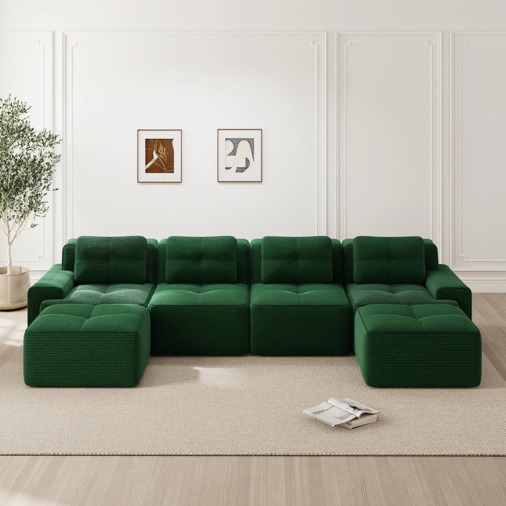Divano modulare a U 4 posti in velluto a coste con schienale curvo e seduta profonda; verde