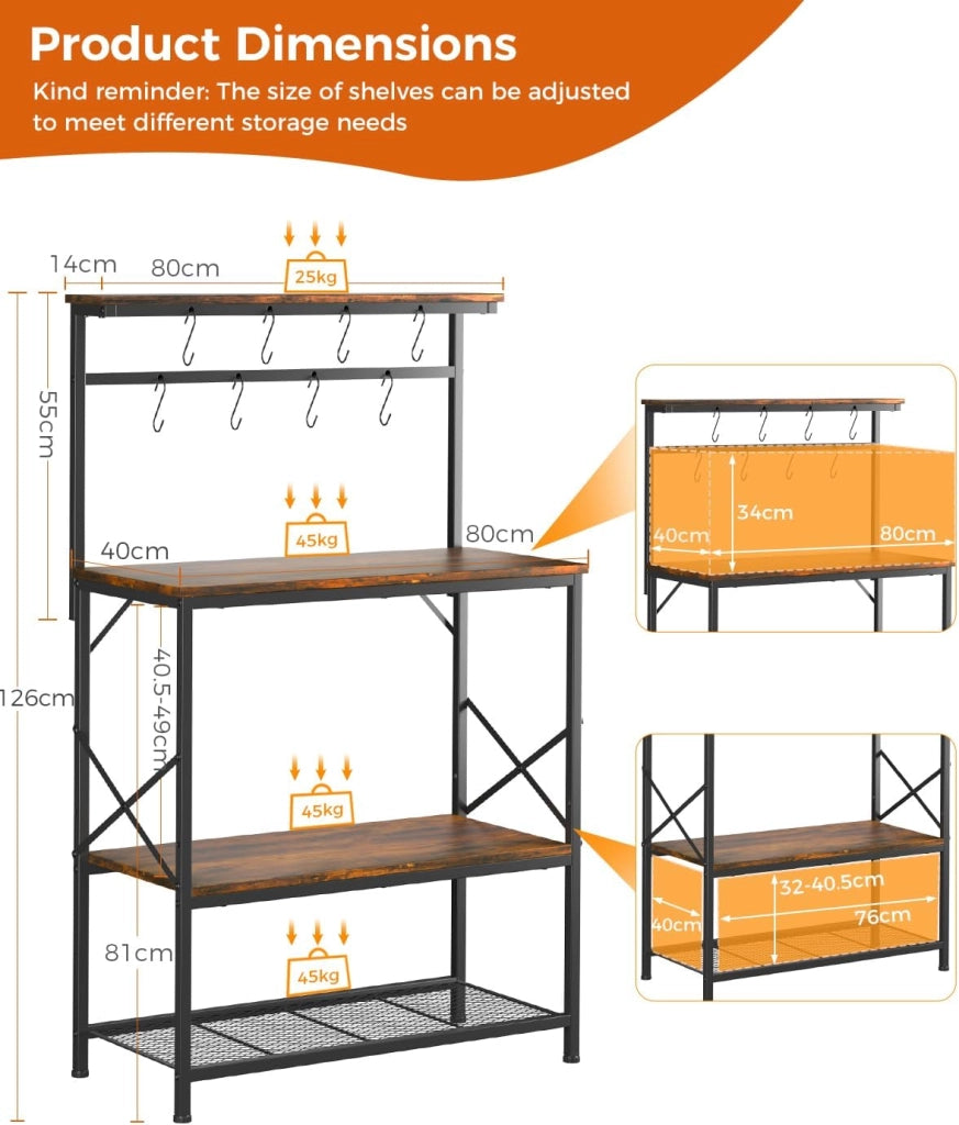 Scaffalatura, Scaffale Cucina, Scaffale a Piede, Scaffale per Microonde, Scaffale Spezie, Libreria con Protezione Anti-Ribaltamento, Mobile con 4 Ripiani, 8 Ganzi a S, 80x40x126cm, Marrone