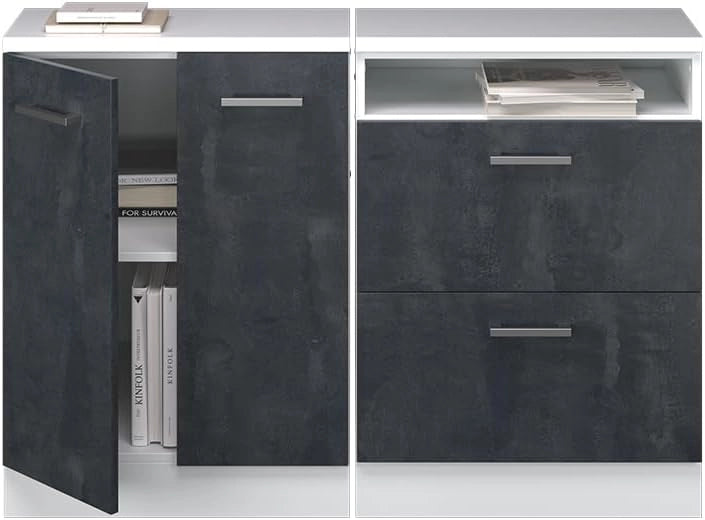 Set di mobili sottotetto Rion, Calcestruzzo nero, 120 cm Set di 2 carcasse armadio profondità 60 cm, adatto per il salvaspazio sotto tetti spioventi