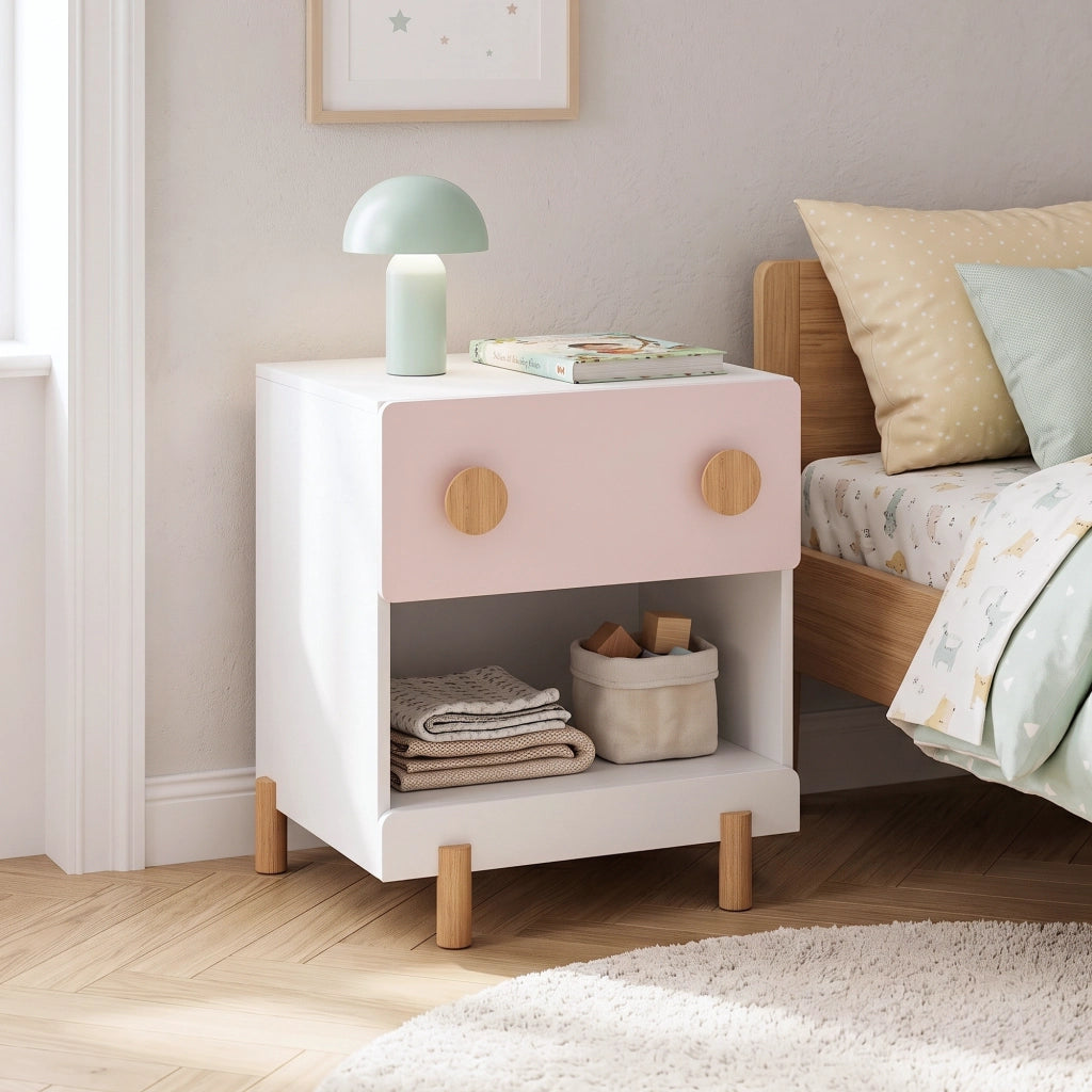 Comodino per Cameretta Vaarentaa con Cassetto e Scomparto Aperto 47x40x35 cm - Bianco/Rosa [en.casa]